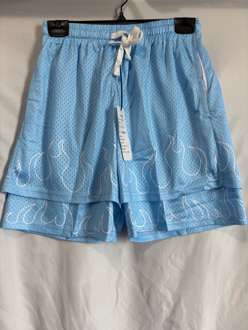 Light Blue Women's Athletic Mesh Shorts with Flame Print XS290